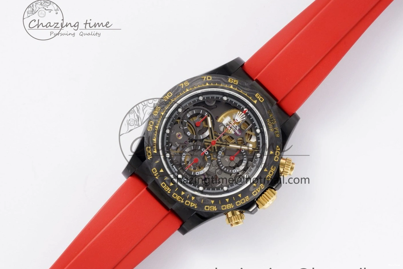 MiroTime 0213 Youthful Daytona PVD Carbon Bezel GETF Best Edition Skeleton Red Dial on Red Rubber Strap SA 1944
